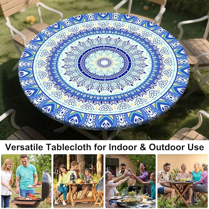 Round Tablecloth Fitted Elastic Table Cover Waterproof Table Cloth for Dinner, Party, Picnic,Camping, Round Table Cover for Indoor Outdoor