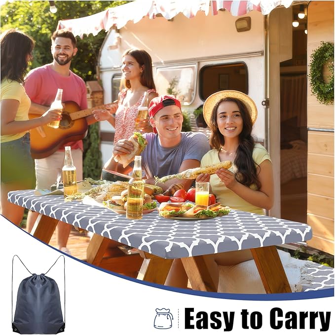 Smiry Picnic Table Cover with Bench Covers, Waterproof Elastic Fitted Tablecloth for 8 Foot Tables, Washable Polyester Tablecloths for Camping, Indoor & Outdoor (Grey Morocco, 30x96 Inch 3-pc Set)