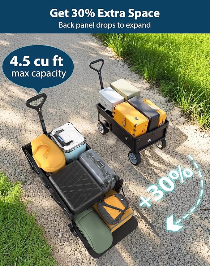 Lightweight Folding Wagon, Large Capacity Collapsible Grocery Cart on Big Wheels, Heavy Duty Foldable Shopping Carts, All-Terrain Outdoor Utility Carts for Camping, Sports, Garden, Beach, 4.5 Cu Ft