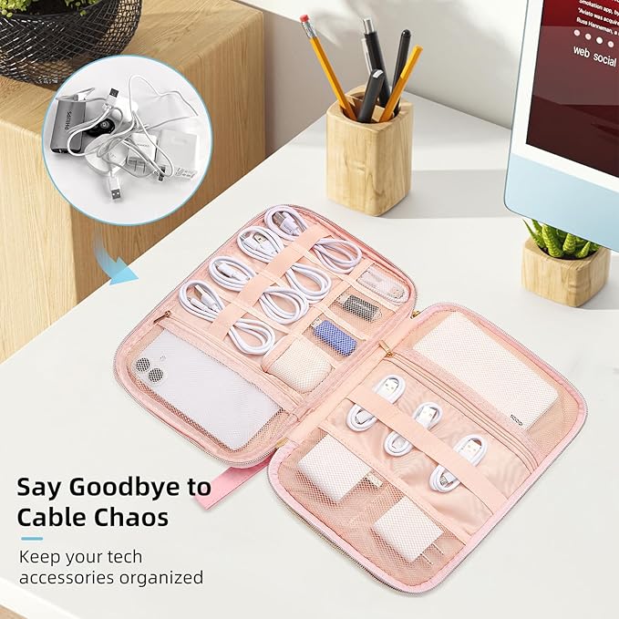 Electronics Organizer Travel Case, Charger Bag Cord Organizer Travel, All-in-One Cable Organizer Bag for Charger, Cords, Phone, Headphones, Flash Drive, SD Card (Pink, Large-Double Layer)