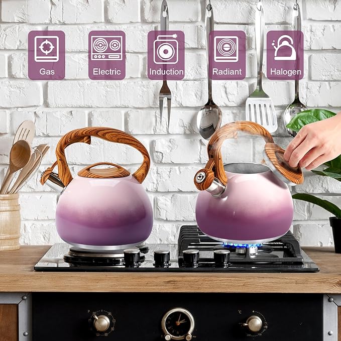 GGC Tea Kettle for Stove Top, 3.1QT/3L Whistling Tea Kettles for Boiling Water Coffee or Milk, Purple Tea Pot with Wood Parttern Handle, Stainless Steel Tea Pot for Home and Kitchen