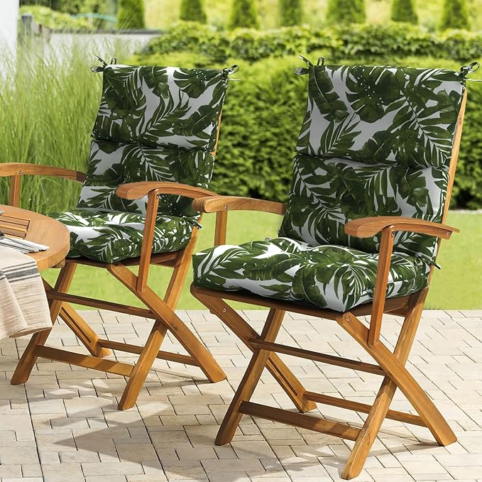 LVTXIII Outdoor Seat/Back Chair Cushion Patio Tufted High Back Cushion, Seasonal Replacement Rocking Chair Cushion with Ties (22” W x 20D”, Set of 2, Palm Green)
