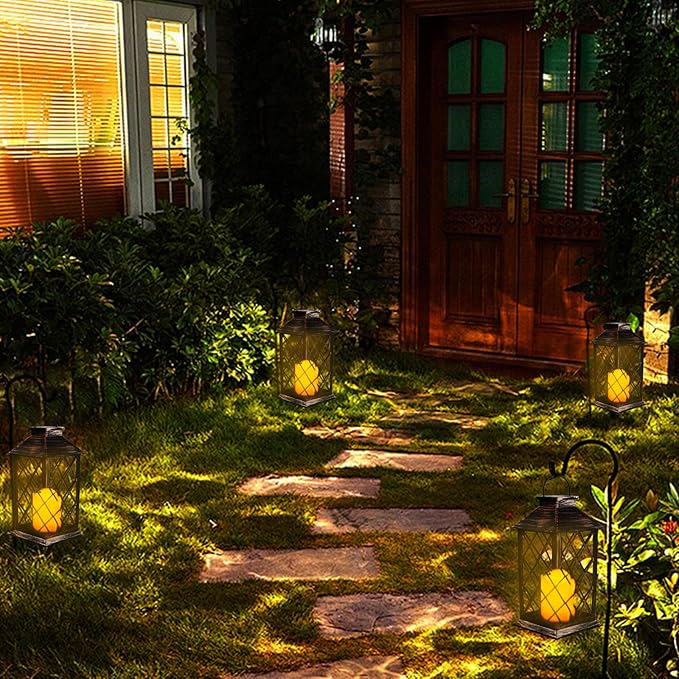 13'' Outdoor Solar Hanging Lantern Lights, Waterproof Flickering Flameless Candle Hollowed-Out Metal Decor Lantern, Garden Decoration for Patio Yard, Gifts for Mom, Brown