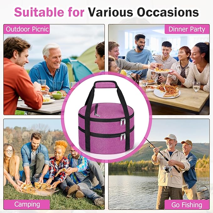 Round Double Insulated Casserole Carrier, Pie Carrier Bag, Portable Casserole Carrier for Hot or Cold Food Lunch Tote, Lunch Bag for Parties Picnic, Fits 12.5" Baking Dish, Rose Red