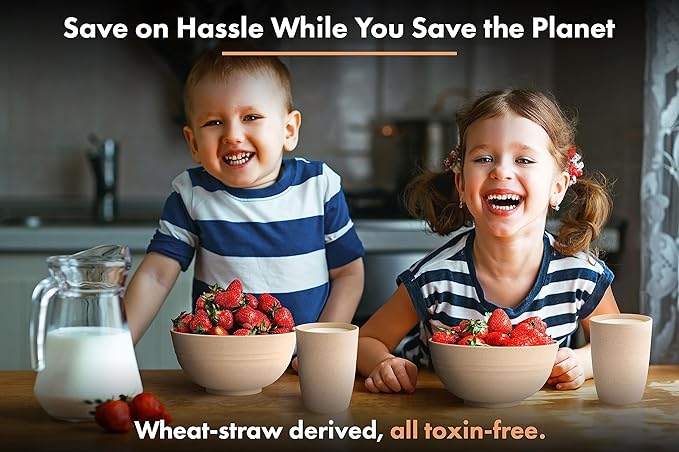 FOODLE Wheat Straw Dinnerware Set - BPA Free & Safety Tested - Unbreakable, Microwave & Dishwasher Safe Dishes - Picnic, RV, Dorm, Camping Plates Cups and Bowls - Great for Kids & Adults - For 4