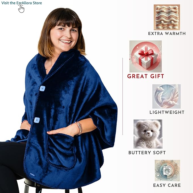 Premium Double Layer Poncho Blanket for Women -Drape and Go No Sleeves- Sherpa Fleece Shawl with Pockets - Wearable Blanket - Gifts for Her Mom and Grandma (Blue)