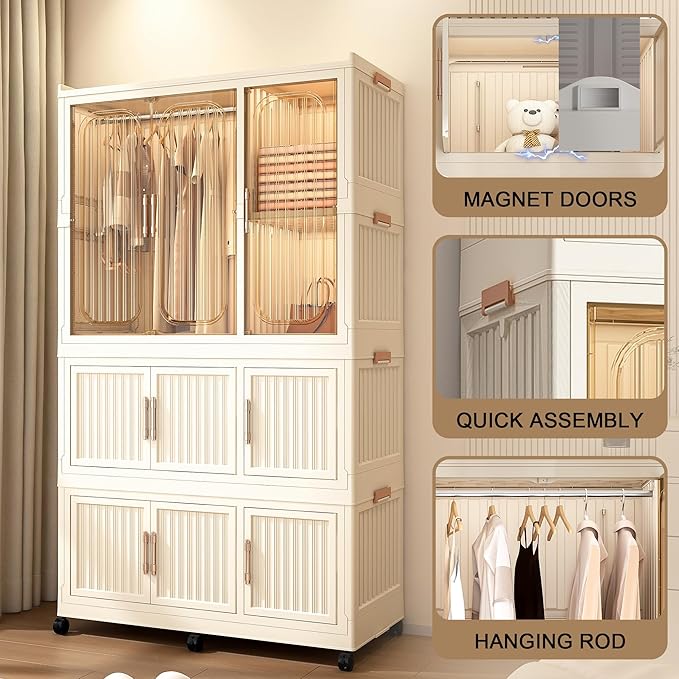 Portable Wardrobe Closet Storage Organizer, Plastic Collapsible Closet Organizer with Transparent Magnetic Door, for Bedroom Living Room,Easy Assemble,8 Cubes & 1 Hanging Rod