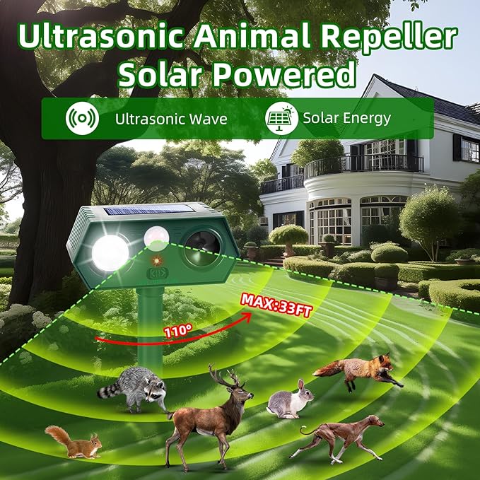 4 Pack Ultrasonic Solar Animal Repellent Cat Deterrent Outdoor,Deer Repellent with Motion Sensor Strobe Light,Waterproof Animal Repeller for Raccoon Squirrel Rabbit Dog Skunk,Yard Garden Protection