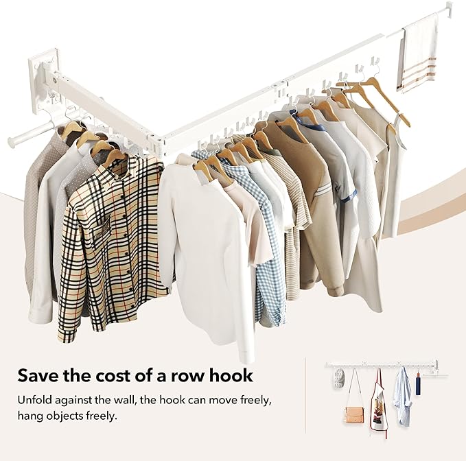 Wall Mounted Clothes Hanger,Clothes Drying Rack,Laundry Drying Rack,Clothes Rack Wall Mount,Drying Rack Clothing,Retractable,Collapsible,can Fold Upward & Left & Right (Upgrade-White)