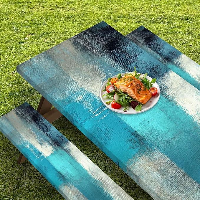 CAPSCEOLL Elastic Picnic Table Cover with Bench Covers 5Ft Waterproof Fitted Picnic Table Cover Cloths for Outdoors Camping Tablecloth with Drawstring Bag, 60X30in, Blue White