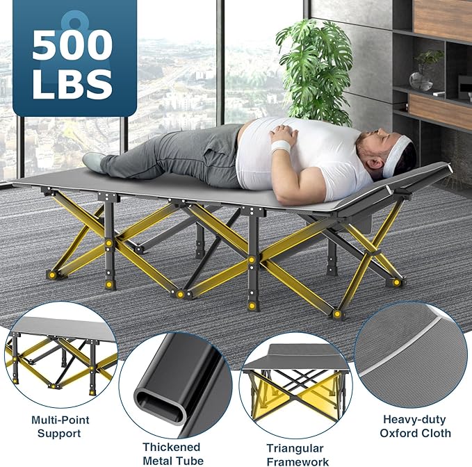 ZENPETIO Camping Cots for Adults, Portable Folding Sleeping Cot with Carry Bag, 1200D Double Layer Oxford Ultra Soft Cot Bed with Mattress, Tent Cot for Travel Office Hospital, Support 500lbs, Gray