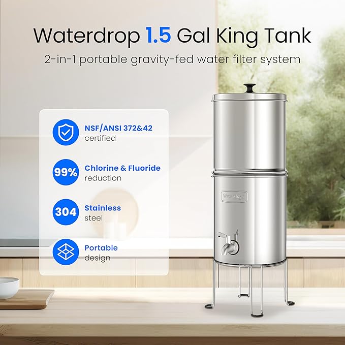 Waterdrop 1.5 Gallons Gravity-fed Water Filter System, NSF/ANSI 42&372 Standard, Stainless-Steel Travel System with 4 Filters, Metal Spigot and Stand, Reduces Up to 99% Chlorine-King Tank Series