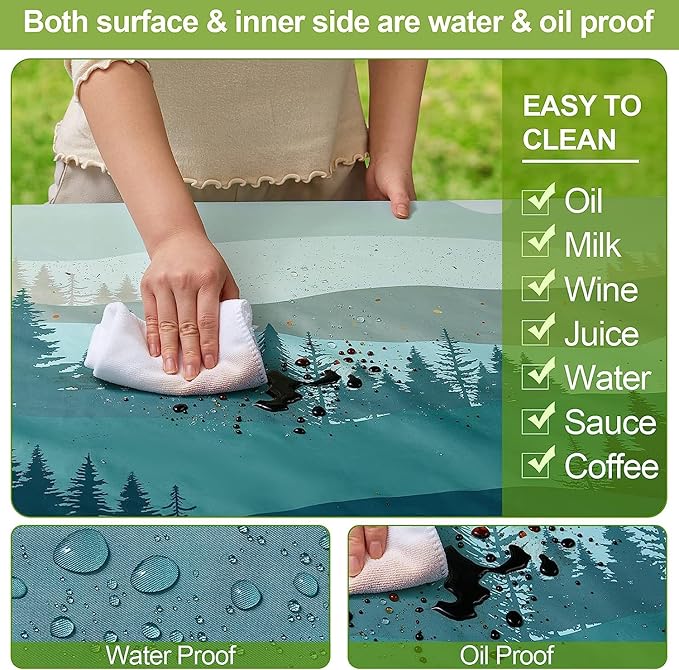 Picnic Table Cover with Bench Covers Camping Essentials Waterproof Windproof Camping Tablecloth with Drawstring Bag, Fitted Rectangle Tables and Seats, 60in, Green Blue