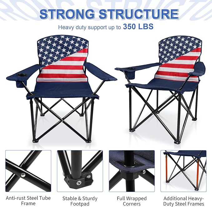 Folding Camping Chairs 2 Pack:Oversized Padded Lawn Chair for Adult,Collapsible for Outdoor,Camp,Fishing & Garden,350-lbs Capacity,American Flag