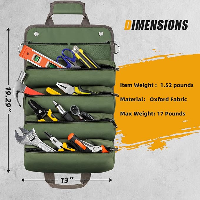 Tool Bag Roll Up, UUP Heavy Duty Portable Soft Tool Storage Organization, Foldable Empty Rollup Organizer with 2 Small Pouches, Rollable Carrying Toolbag, Dad Men Mechanic Welding Birthday Gift, Green