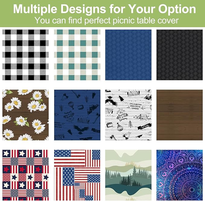 Picnic Table Cover with Bench Covers Camping Essentials Waterproof Windproof Camping Tablecloth with Drawstring Bag, Fitted Rectangle Tables and Seats, 60in, Red Blue White