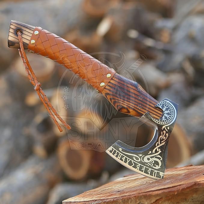 SHINY CRAFTS-Axes Handmade Viking Axe Hatchet Norse Axe-Valhalla Runic Axe Carbon Steel Viking Axe Head Engraved Handle Wolf Camp Axe Genuine Leather Sheath & Wrap (SCA 06)