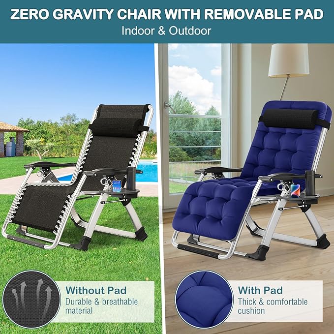 NAIZEA Padded Zero Gravity Chair, Folding Outdoor Lounge Chairs, Adjustable Reclining Camping Chairs with Cup Holder, Ergonomic Patio Lawn Chair for Balcony Beach Deck Yard