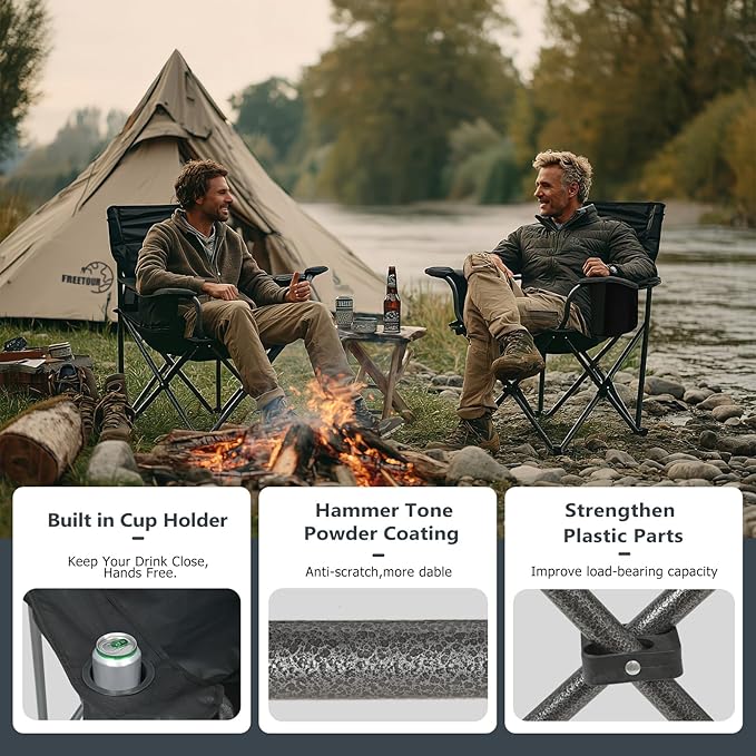 2 Pack Camping Chair Folding Heavy Duty with Cup Holder & Cooler Bag, Oversized Portable Lawn Chair for Adults, Tall and Lightweight, 300 lbs Capacity, for Beach, Fishing, Sports, Travel