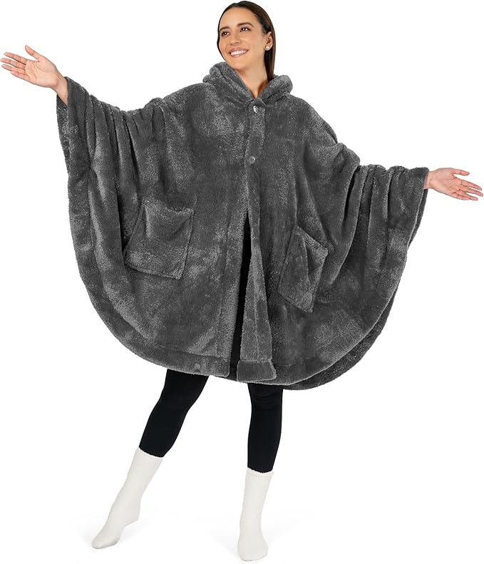 PAVILIA Angel Wrap Hooded Blanket Poncho, Wearable Blanket Throw Wrap Poncho for Women Adult, Cozy Fluffy Sherpa Fleece Shawl Cape with Hood pockets, Warm Gift for Mom Wife, Dark Gray