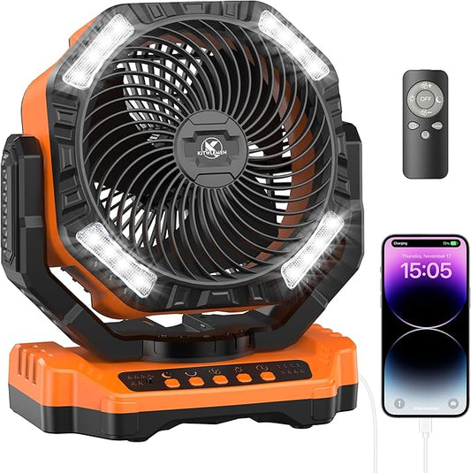 40000mAh Battery Powered Camping Fan - 136H Max Cooling, Rechargeable Battery Operated Oscillating Floor Fan with Charger, Remote & Hook, Portable for Tent Outdoor Patio Garage Hurricane Power Outage