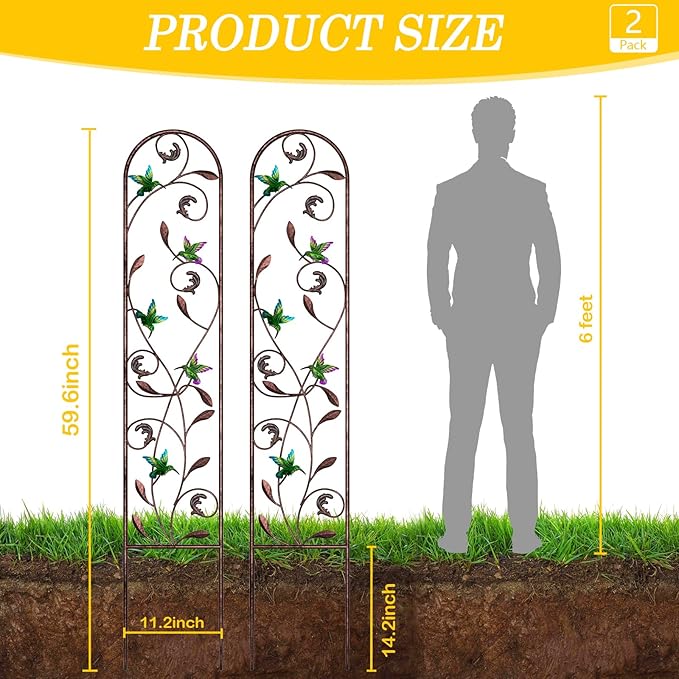 aboxoo Set of 2 Packs Hummingbird Metal Garden Trellis for Climbing Plants,Outdoor Decorative Flowers Arch Fence Trellis for Outdoor Patio,Garden,Lawn,Yard,Backyard,Wall Brackets,60'' H x 11'' W