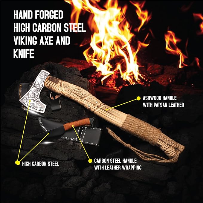 Viking Axe with Gift Viking Knife Also Leather Sheaths, Carbon Steel, Carved Wooden Handle, Bearded Heaven Hatchet for Camping, Throwing, Survival, Splitting, Felling, Chopping, Hiking (Axe - 02)