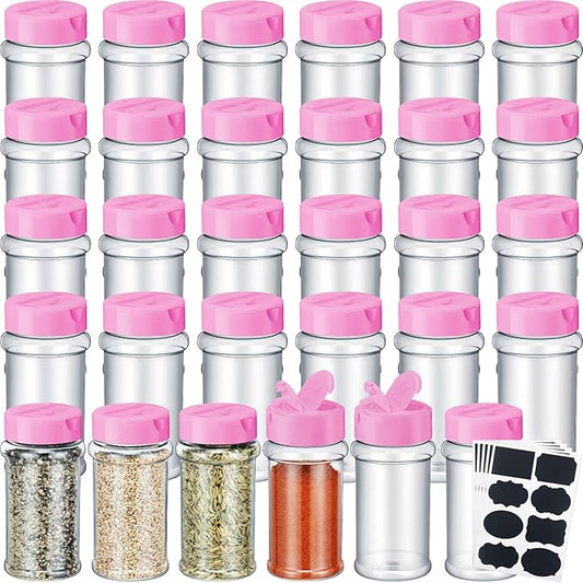 Eccliy 36 Pack 3 oz Clear Plastic Spice Jars with Label and Shaker Lids Empty Spice Bottles Seasoning Containers Seasoning Jars Shaker Condiment Pots for Pepper Herbs Powders (Pink)