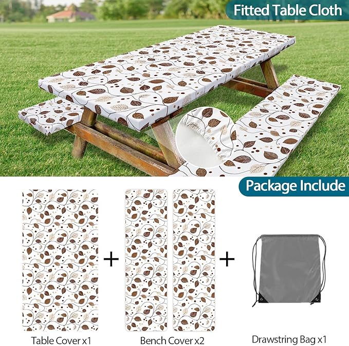 Picnic Table Cover with Bench Covers, Brown Leaf Plaid Leaf Elastic Edges Waterproof Windproof Camping Essentials, Camping Fitted Tablecloth with Drawstring Bag, 60in, Brown