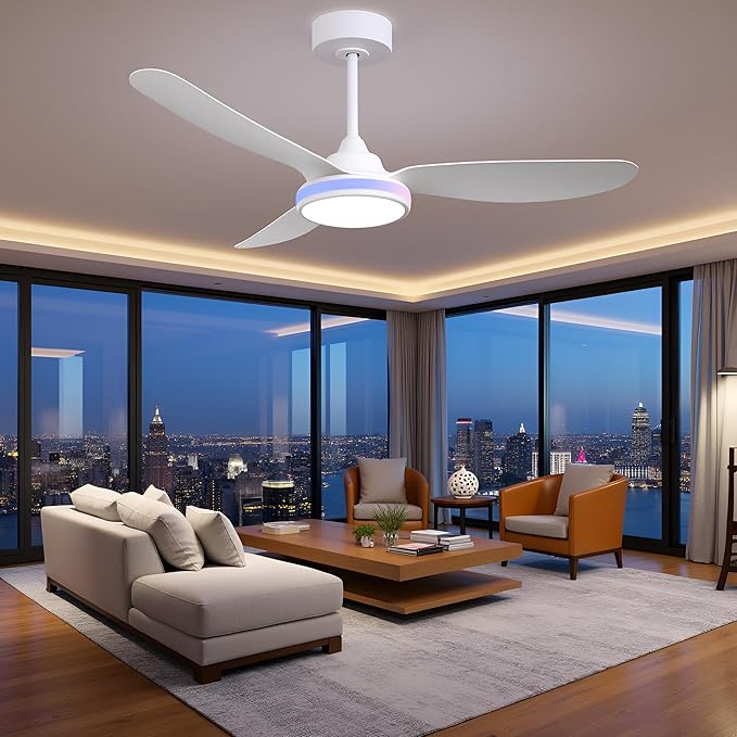42 Inch Ceiling Fan with Light and Remote, Modern 3 Blade DC Motor Quiet Fan, Dimmable RGB LED, Reversible ABS Blades, for Bedroom Living Room, White (White)