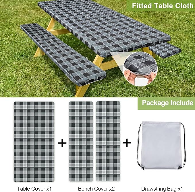 Picnic Table Cover with Bench Covers Camping Essentials Waterproof Windproof Camping Tablecloth with Drawstring Bag, Fitted Rectangle Tables and Seats, 72in, Small Gray Plaid