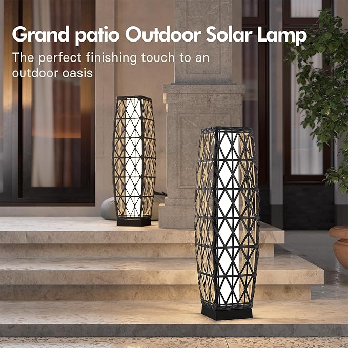 Grand patio 2-Piece Outdoor Solar-Powered Woven Wicker Lantern Floor Lamp Decoration for Deck Garden Lawn Porch - Medium Cindy, Silver Gray