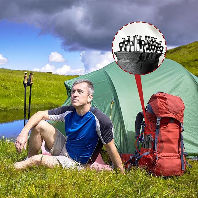 24Pcs Tent Stakes, 16in Heavy Duty Tent Stakes with Storage Pouch, Forged Steel Tent Sakes Metal, Metal Stakes for Tent Used on Grassland, Snowfield, Dessert(24Pcs, 16in, Diameter 1/4")