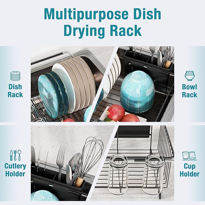 Dish Drying Rack in Sink, Over The Sink Colander Strainer Basket, Stainless Steel Strainer Basket with Expandable Rubber Grip Handles for Vegetables, Fruits, Home Kitchen Essentials, Black