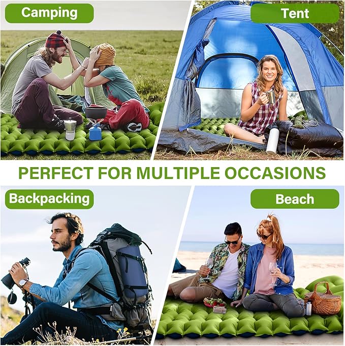 Double Sleeping Pad - Self Inflating 4" Extra-Thick for 2 Person with Pillow Built-in Foot Pump Inflatable Sleeping Mat for Backpacking, Hiking, Traveling, Tent, Portable Camping Mat