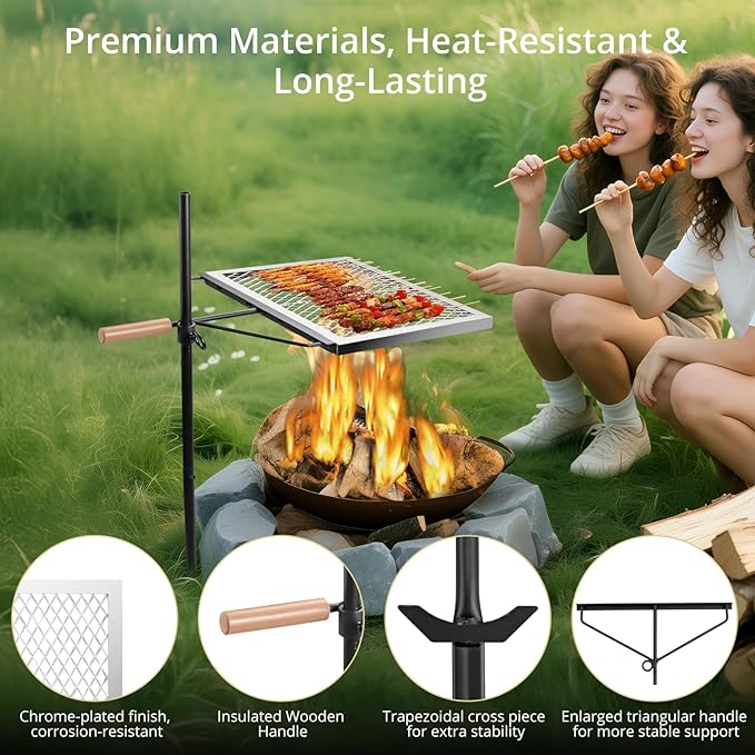 Swivel Campfire Grill Grate, Height 35", 360° Adjustable Heavy Duty Steel Campfire Grill with Insulated Wooden Handle, Portable Fire Pit Cooking Grate, for Camping Outdoor BBQ Cooking Open Fire