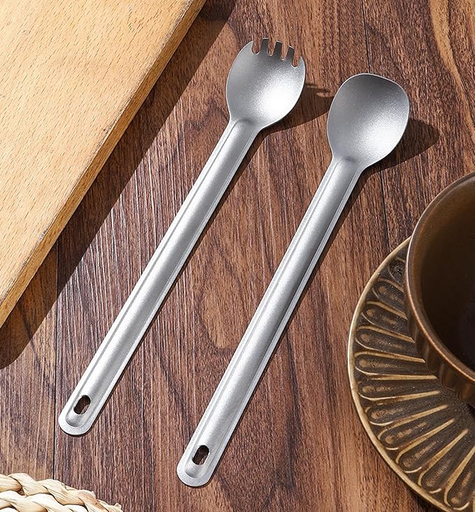 Titanium Camping Utensil Set Lightweight Titanium Flatware Tableware Cutlery Long Spork and Spoon with Carrying Bag for Traveling Picnic Hiking