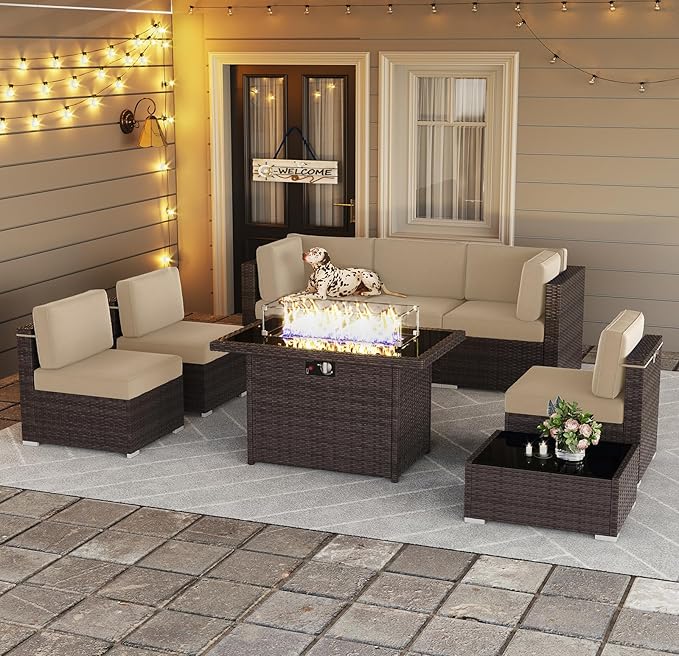 LayinSun 8 Pieces Outdoor Patio Furniture Set with 44" Fire Pit Table Brown Rattan Sectional Sofa Conversation Sets