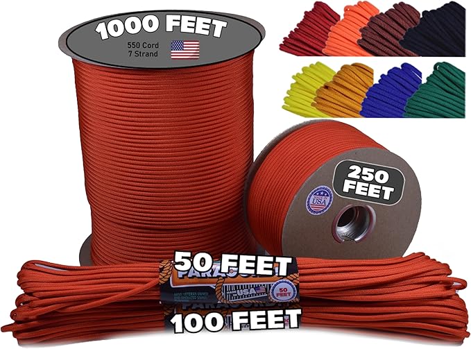 BORED? PARACORD! 550 lb Paracord - Ideal for Crafting, Camping, DIY Projects, Active & Military Outdoors - Strong Survival Rope - Tactical Parachute Cord Type III - Solar Orange 100 Feet