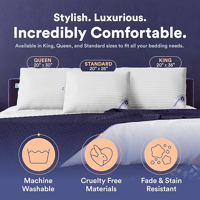 Continental Bedding | Serenity Goose Down Pillow | 700 Fill Power Hungarian White Down | 400TC Cotton Damask Shell | Made in USA | Soft, Queen (Pack of 1)