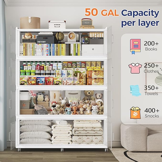 150GAL Extra Large Stackable Storage Bins with Lid, 600QT Plastic Closet Organizer and Storage Cabinet with Wheels and Doors, Folding Storage Box Container for Home Organization, 3Pack White