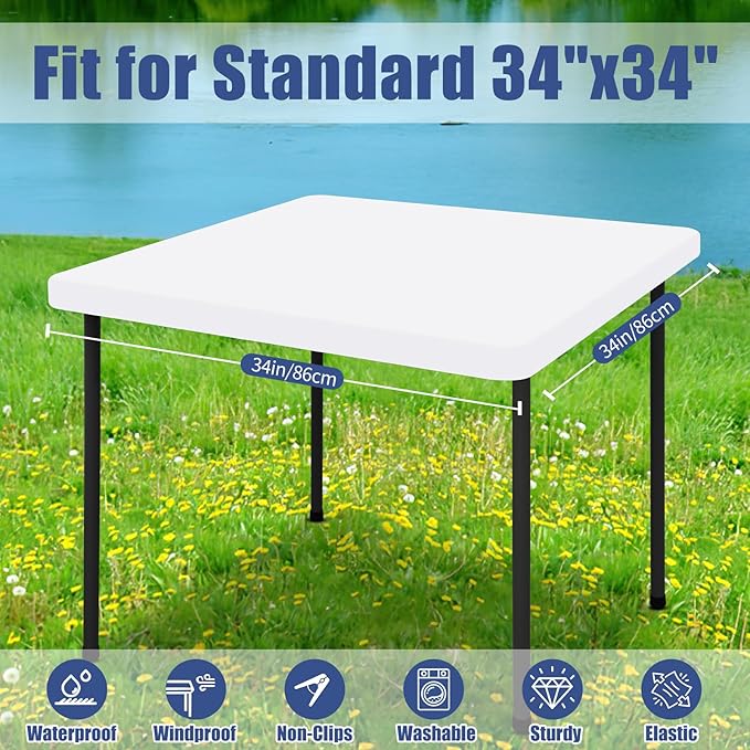 Spandex Picnic Table Cloth 2 Pack, Elastic Fitted Tablecloths for Square Tables, Stretch Washable Patio Table Cover for Outdoor, Camping, Banquet and Parties (White, 34"x34")