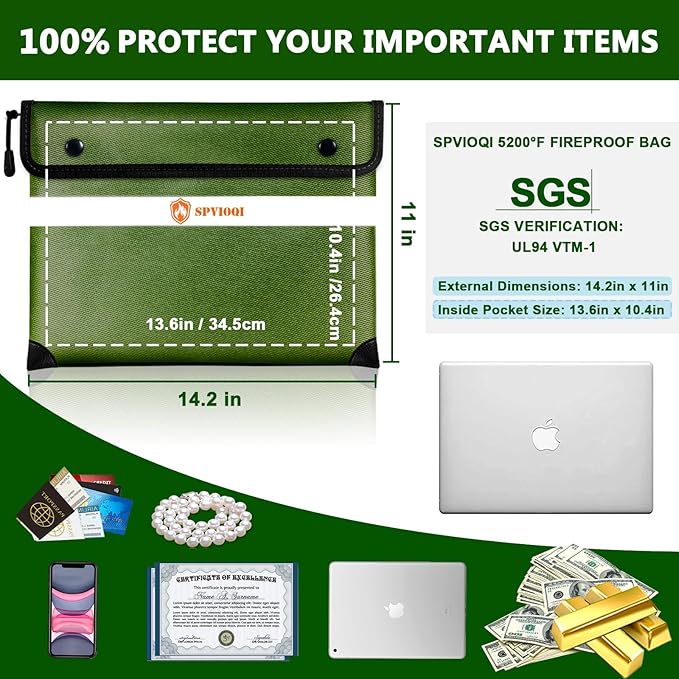 Upgraded Fireproof Document Bag 5200°F -Heat Insulated, Water Fire Proof Bag with Zipper, 8 Layers of Functional Materials, 14.2 X 11” Fire Proof Money Bag for Cash, Important Documents and Valuables