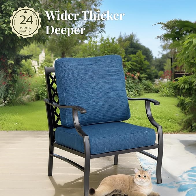 Patio Furniture Set with Fire Pit Table, 5 Pcs Metal Outdoor Conversation Set, 4 Single Chairs with 5.75" Extra Thick Cushion and 28" Fire Pit Table for Backyard Deck, Green Blue