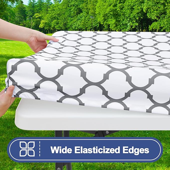 Smiry Picnic Table Cover with Bench Covers, Waterproof Elastic Fitted Tablecloth for 6 Foot Tables, Washable Polyester Tablecloths for Camping, Indoor & Outdoor (White Morocco, 30x72 Inch 3-pc Set)