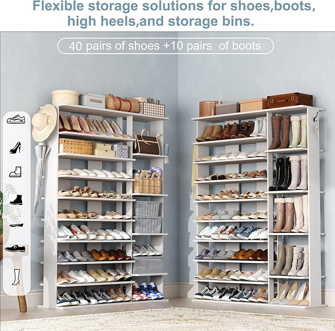 HOMEFORT 10 Tiers Shoe Rack, 50 Pairs Large Shoe Shelf, 61.8" Tall Shoe Tower, Freestanding Shoe Rack Organizer with Open Shelves, Wood Shoe Stand for Boot Storage, for Closet, Entryway, White