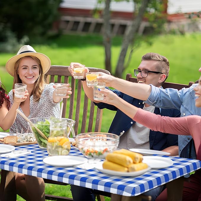 misaya Buffalo Rectangle Picnic Tablecloth, 6 Foot Elastic Fitted Vinyl Table Cloth with Flannel Backing, Waterproof Plaid Table Covers for Dining, Camping, Outdoor (Blue and White, 30" x 72")