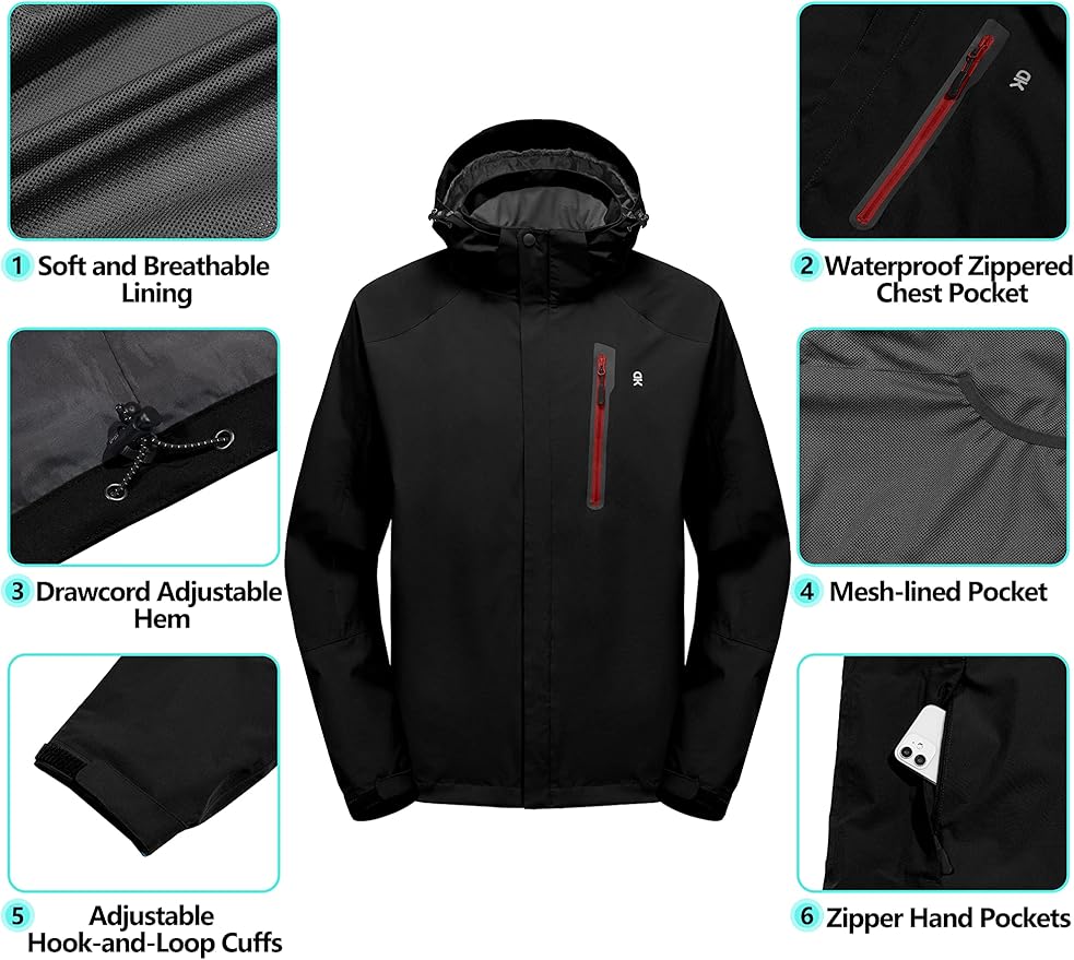 Little Donkey Andy Men's Waterproof Rain Jacket Outdoor Lightweight Hooded Raincoat for Hiking Golf Travel Fishing