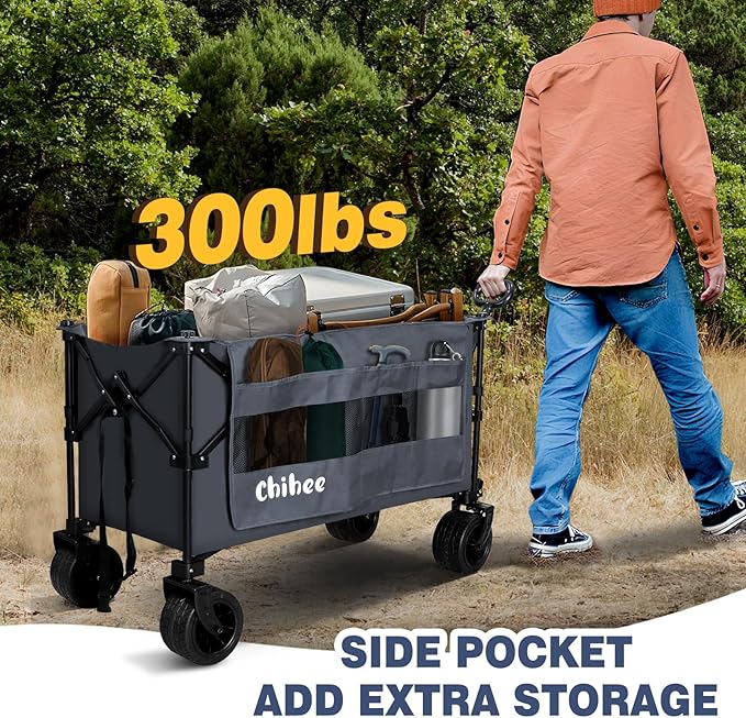 Chihee Garden Cart Collapsible Outdoor Utility Wagon Cart,Folding Beach Cart Oversized Capacity 254L,Heavy Duty Portable Wagon All Terrain Wheels Oversized Side Pocket 2 Drink Holders for Camping