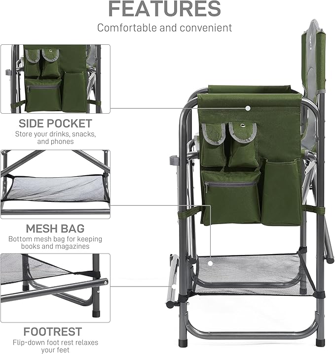 EVER ADVANCED Medium Tall Directors Chair Foldable Makeup Artist Chair Bar Height with Side Table Cup Holder and Pocket Footrest, Supports 400LBS (Green, Seat Height: 23.2 inches)